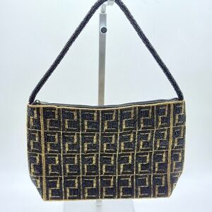 Vintage Art Deco Style Beaded Evening Bag | Black & Gold Geometric Clutch